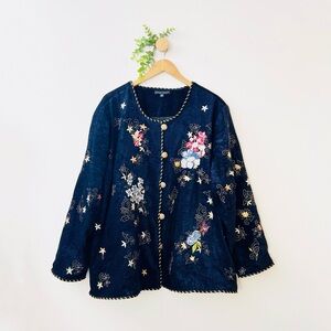 Indigo Moon Chenille Knit Floral Embroidered Sequined Navy Jacket